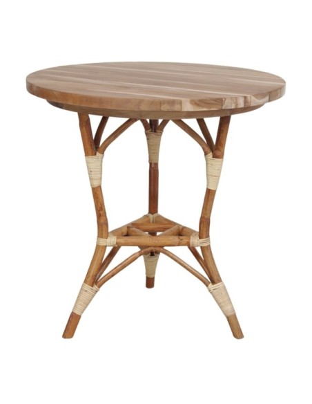 Mesa De Comedor Lofoten De Madera De Teca Y Ratán Natural Circular Ø70 Cm