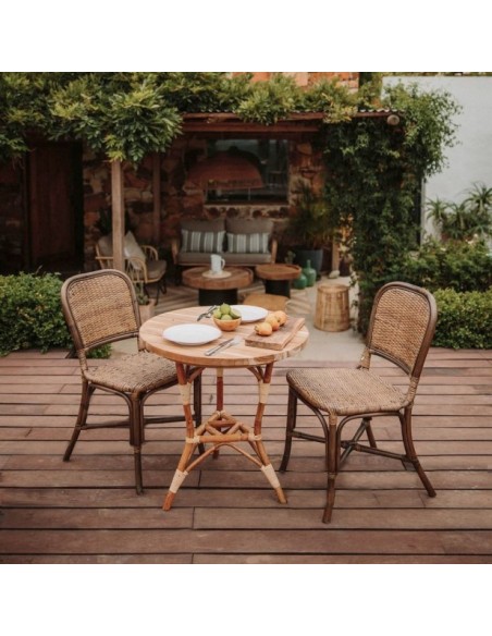 Mesa De Comedor Lofoten De Madera De Teca Y Ratán Natural Cuadrada 70x70 Cm
