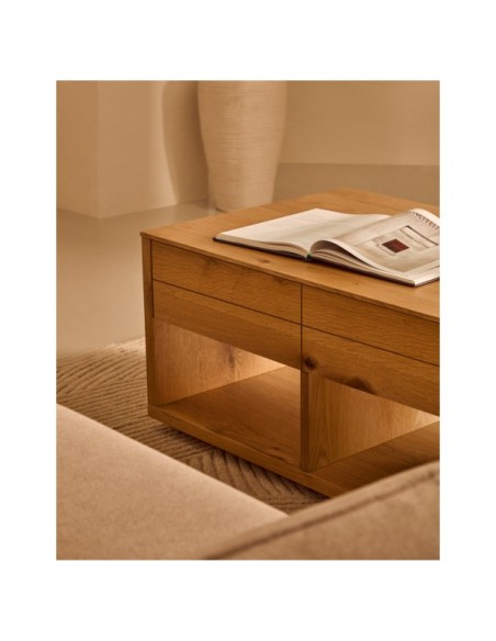 Mesa de centro Alguema 2 cajones en chapa de roble con acabado natural 140 x 60 cm - Kave Home