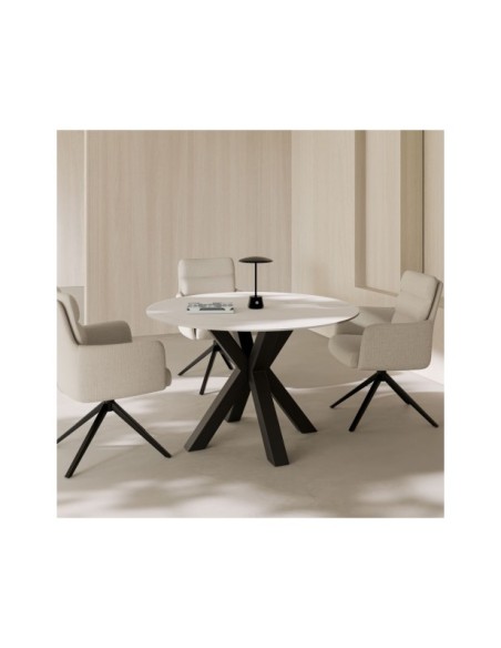 Mesa BEAH Ø120x76 cm de Comedor, Porcelánico / Metal / Blanco / Negro