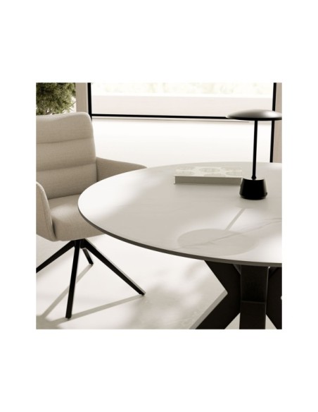 Mesa BEAH Ø120x76 cm de Comedor, Porcelánico / Metal / Blanco / Negro