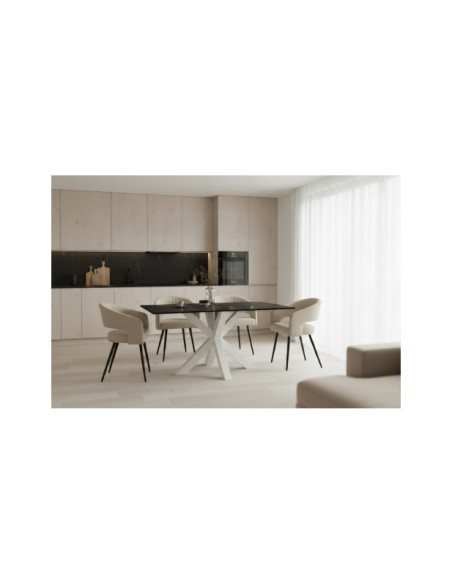Mesa KOON 140x90 cm de Comedor, Porcelánico / Metal / Negro / Blanco