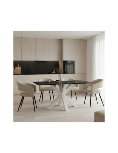 Mesa KOON 140x90 cm de Comedor, Porcelánico / Metal / Negro / Blanco