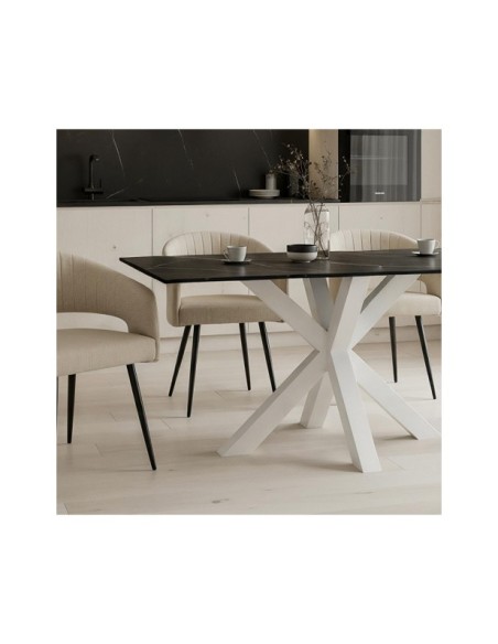 Mesa KOON 140x90 cm de Comedor, Porcelánico / Metal / Negro / Blanco