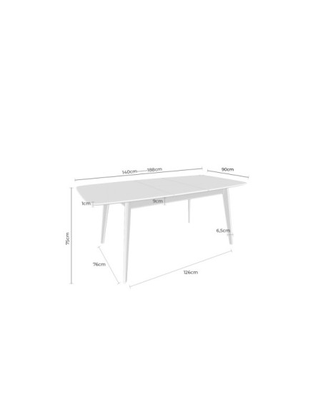 Mesa Extensible NOHORA, 140/188x90 cm, MDF / Madera / Blanco / Roble