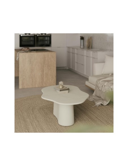 Mesa de Centro KULER 120 cm, Madera de Mango / Blanco Efecto Cemento