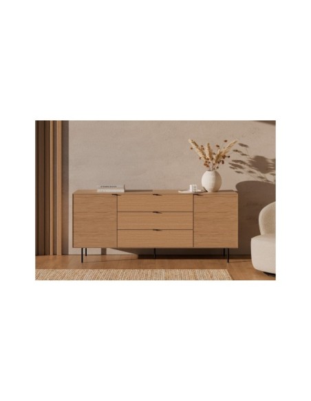 Aparador ELSA 200 cm (2 puertas + 3 cajones), Roble Macizo Natural / Metal