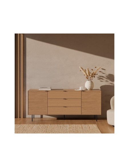 Aparador ELSA 200 cm (2 puertas + 3 cajones), Roble Macizo Natural / Metal