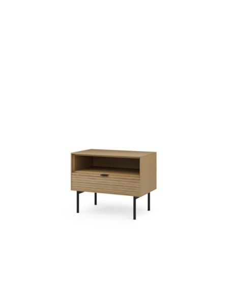 Mesita de Noche Baja ELSA 60x49 cm (1 cajón + 1 abierto), Roble Macizo Natural / Metal
