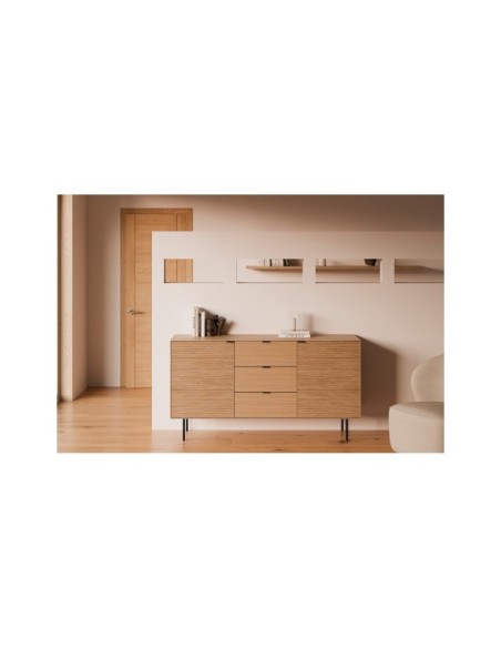 Aparador ELSA 160 cm (2 puertas + 3 cajones), Roble Macizo Natural / Metal
