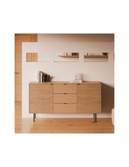 Aparador ELSA 160 cm (2 puertas + 3 cajones), Roble Macizo Natural / Metal