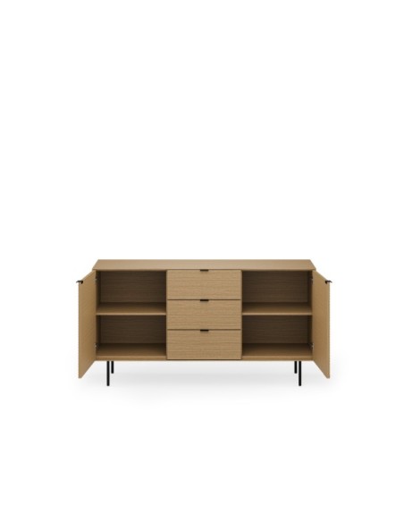 Aparador ELSA 160 cm (2 puertas + 3 cajones), Roble Macizo Natural / Metal