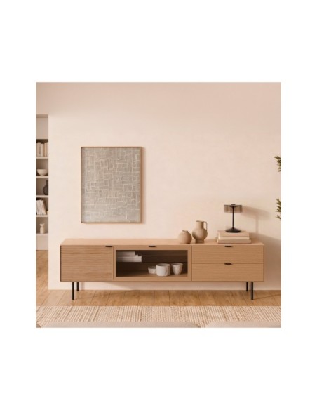 Mueble TV ELSA 200 cm, Roble Macizo Natural / Metal