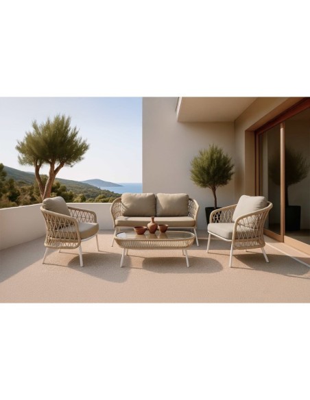 Set de Jardín TERRA (Sofá + 2 Sillones + Mesa de Centro), Beige / Blanco