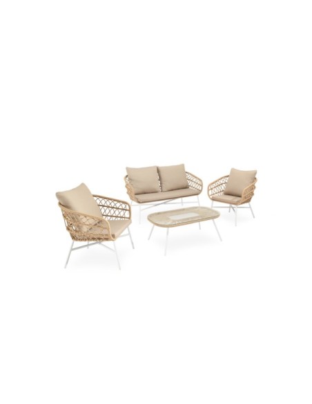 Set de Jardín KELA (Sofá + 2 Sillones + Mesa de Centro), Beige / Blanco