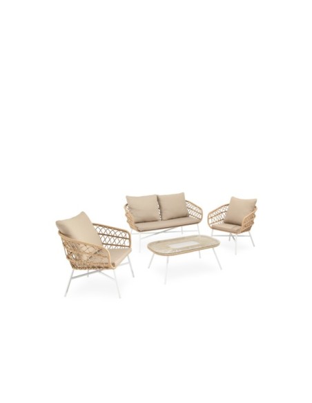 Set de Jardín KELA (Sofá + 2 Sillones + Mesa de Centro), Beige / Blanco
