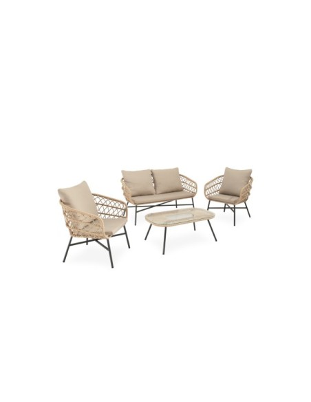 Set de Jardín KELA (Sofá + 2 Sillones + Mesa de Centro), Beige / Negro