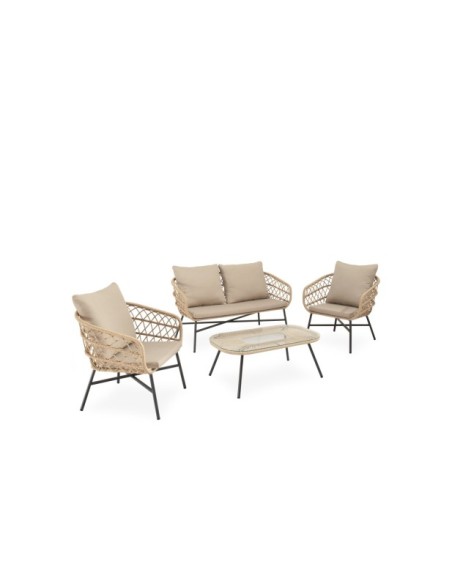 Set de Jardín KELA (Sofá + 2 Sillones + Mesa de Centro), Beige / Negro