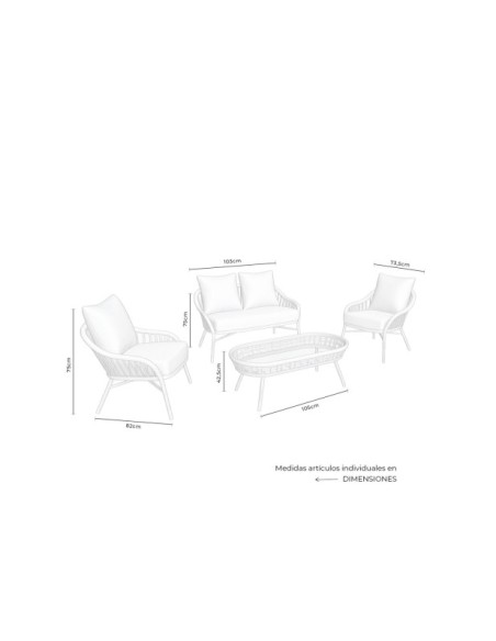 Set de Jardín CAMILLE (Sofá + 2 Sillones + Mesa de Centro), Blanco