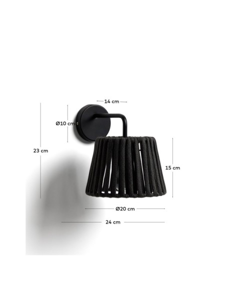 Aplique de pared para exterior Aldet de cuerda plana y metal negro - Kave Home