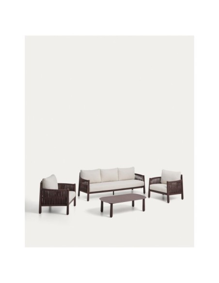 Set Aleria de sofá 3 plazas, 2 sillones y mesa de centro de aluminio y cuerda sintética marrón - Kave Home