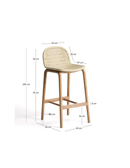 Taburete Alipa de madera maciza de acacia y cuerda crudo 75 cm FSC 100% - Kave Home