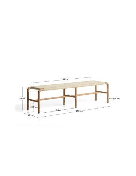 Banco Alipa de madera maciza de acacia y cuerda crudo 180 cm FSC 100% - Kave Home