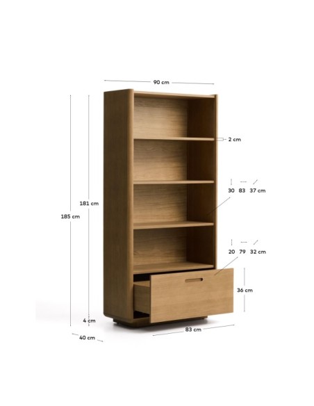 Estantería Arelida de chapa y madera maciza de roble acabado marrón claro 90 x 185 cm FSC Mix Credit - Kave Home