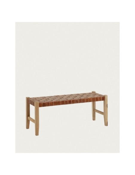 Banco Calixta de piel y madera maciza de teca con acabado natural 120 cm - Kave Home