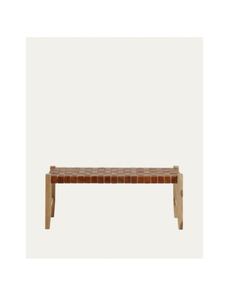 Banco Calixta de piel y madera maciza de teca con acabado natural 120 cm - Kave Home