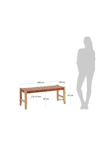 Banco Calixta de piel y madera maciza de teca con acabado natural 120 cm - Kave Home