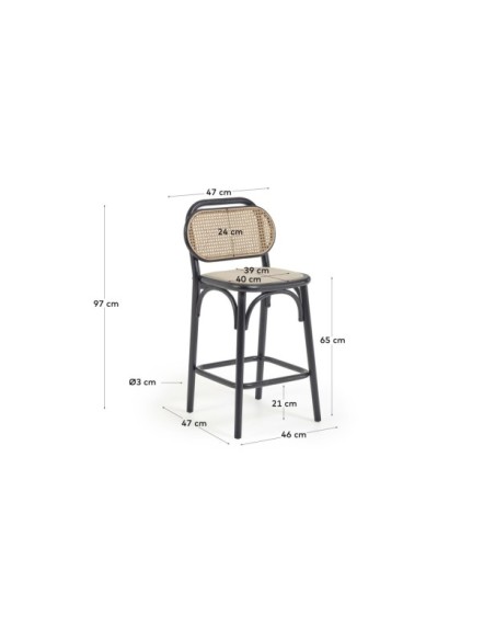Taburete Doriane madera maciza olmo acabado lacado negro asiento de tela 65cm - Kave Home