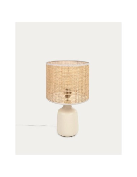 Lámpara de mesa Erna de cerámica blanco y bambú con acabado natural - Kave Home