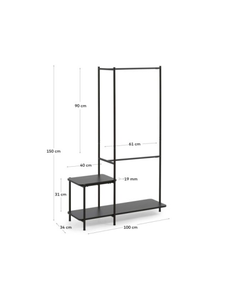 Burro para ropa con banqueta Galatia de melamina y acero con acabado negro 100 x 150 cm - Kave Home