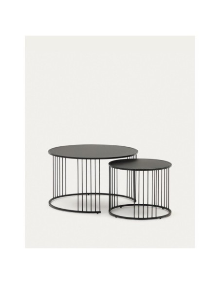 Set Hadar de 2 mesas auxiliares nido vidrio templado y metal pintado negro Ø75cm / Ø 45cm - Kave Home