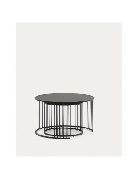 Set Hadar de 2 mesas auxiliares nido vidrio templado y metal pintado negro Ø75cm / Ø 45cm - Kave Home
