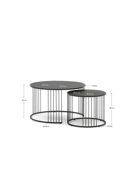 Set Hadar de 2 mesas auxiliares nido vidrio templado y metal pintado negro Ø75cm / Ø 45cm - Kave Home