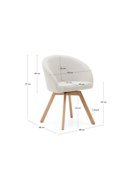 Silla giratoria Marvin chenilla beige y patas de madera maciza de haya acabado natural FSC 100% - Kave Home