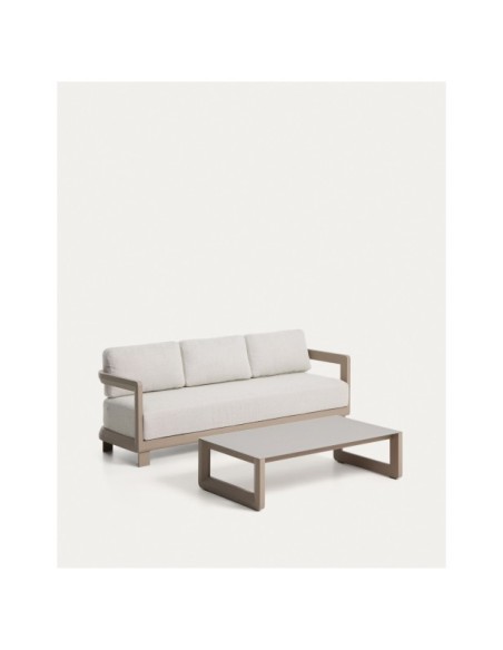 Set Nerano de sofá 3 plazas y mesa de centro de aluminio y vidrio templado topo - Kave Home