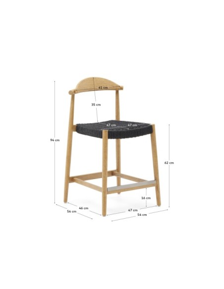 Taburete Nina madera maciza de acacia acabado natural y cuerda negro altura 62cm FSC 100% - Kave Home