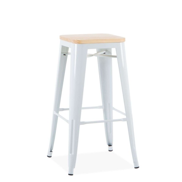 Taburete Tolix 76 cm asiento madera, blanco