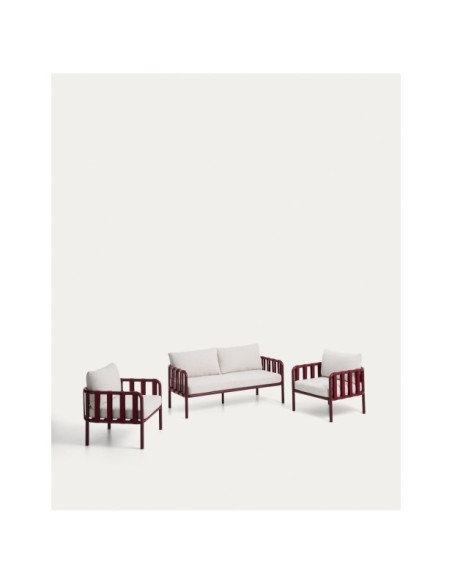 Set Omala de sofá de 2 plazas y 2 sillones de cuerda y aluminio burdeos - Kave Home