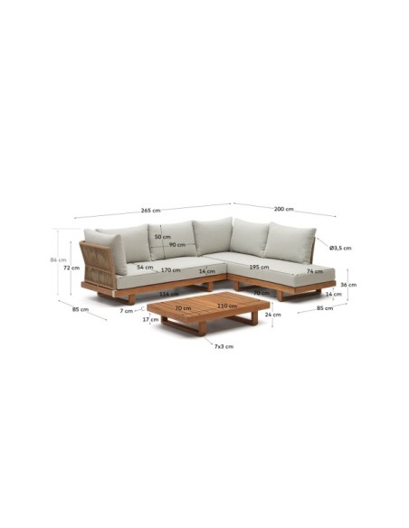 Set Raco de sofá rinconero 5 plazas y mesa de centro de madera maciza de acacia FSC 100% - Kave Home