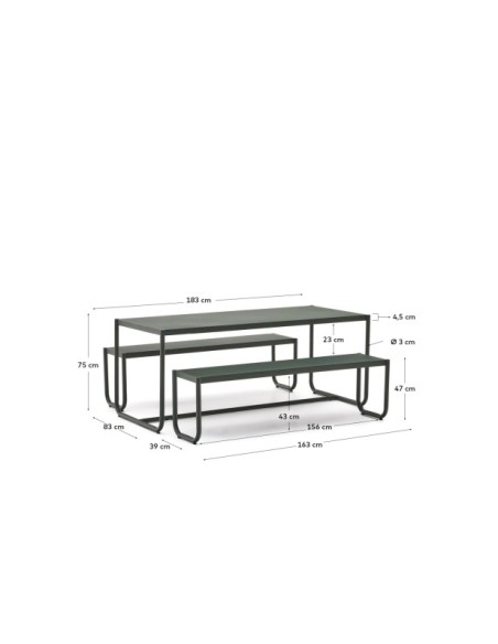 Set Sotil de 2 bancos y mesa de acero galvanizado con acabado verde 183 x 83 cm - Kave Home