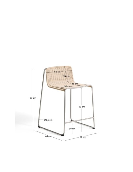Taburete apilable Tavari de cuerda sintética beige y acero inoxidable AISI 304 efecto cepillado 65 cm - Kave Home
