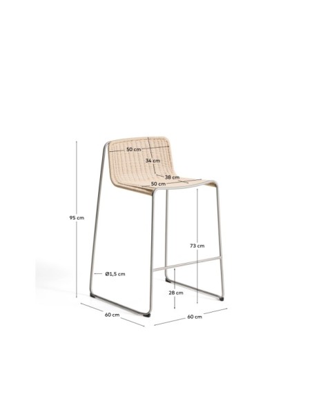 Taburete apilable Tavari de cuerda sintética beige y acero inoxidable AISI 304 efecto cepillado 75 cm - Kave Home