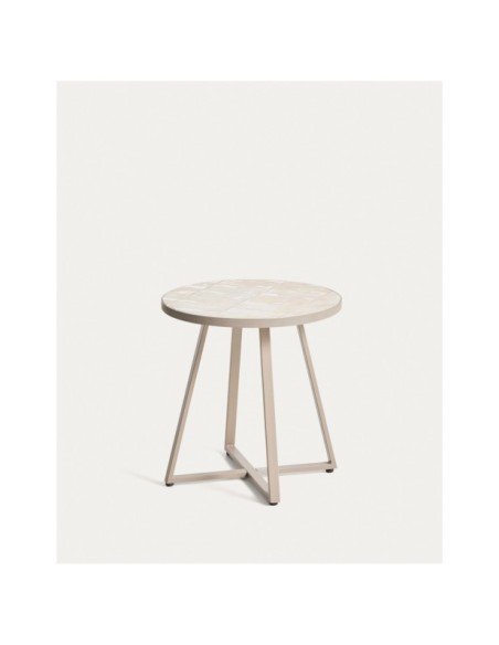 Mesa auxiliar redonda Tella de acero galvanizado y azulejos beige Ø45 cm - Kave Home