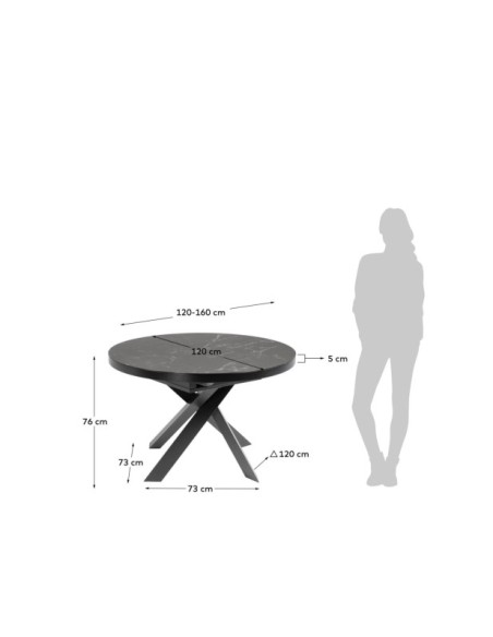 Mesa extensible redonda Vashti Ø 120 (160) cm porcelánico de acero acabado negro - Kave Home