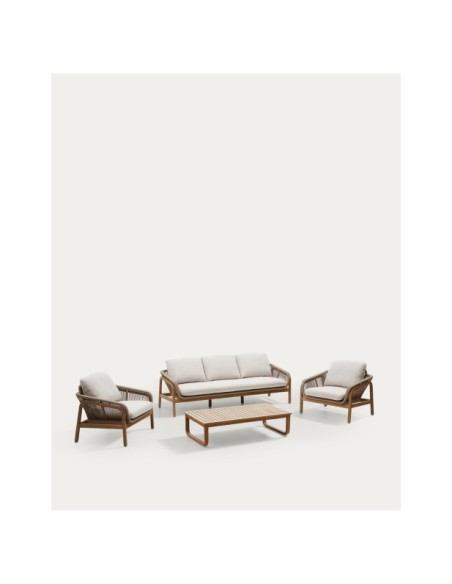 Set Vellana sofá 3 plazas, 2 sillones y mesa centro madera maciza acacia FSC 100% cuerda beige - Kave Home