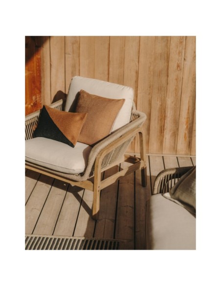 Set Vellana sofá 3 plazas, 2 sillones y mesa centro madera maciza acacia FSC 100% cuerda beige - Kave Home